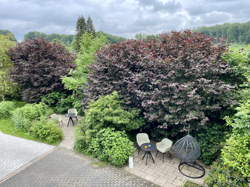 Schöne Terrasse mit zwei gemütlichen Stühlen und einer Hängeschaukel